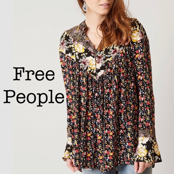 Free People Tops - Free People Wild Flowers Bell Sleeve Henley Tunic Top Size Small